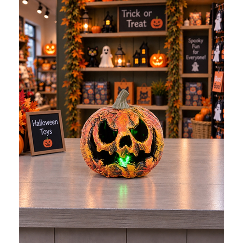 Premier battery operated orange pumpkin light illuminated with green LEDs