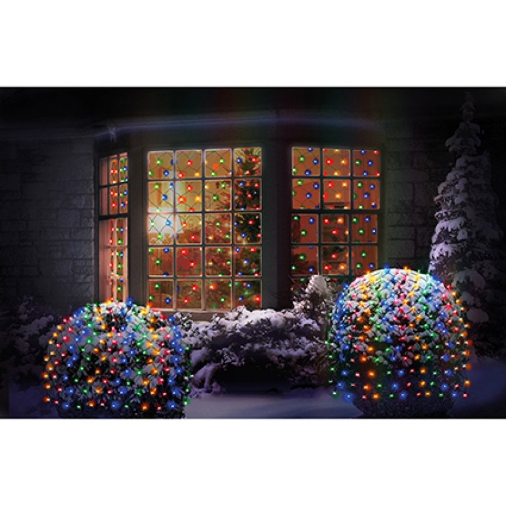 Premier 1.75m x 1.2m multi action multi-colour 180 LED net lights draped over a garden hedge