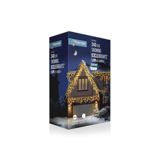 Premier 240 vintage gold LED snowing icicle lights hanging from exterior roof eave