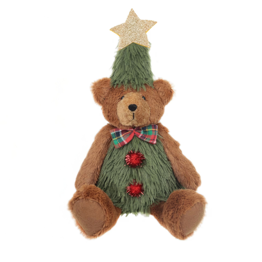 Woodlodge large sitting plush teddy bear in a green Christmas tree outfit with a gold star topper