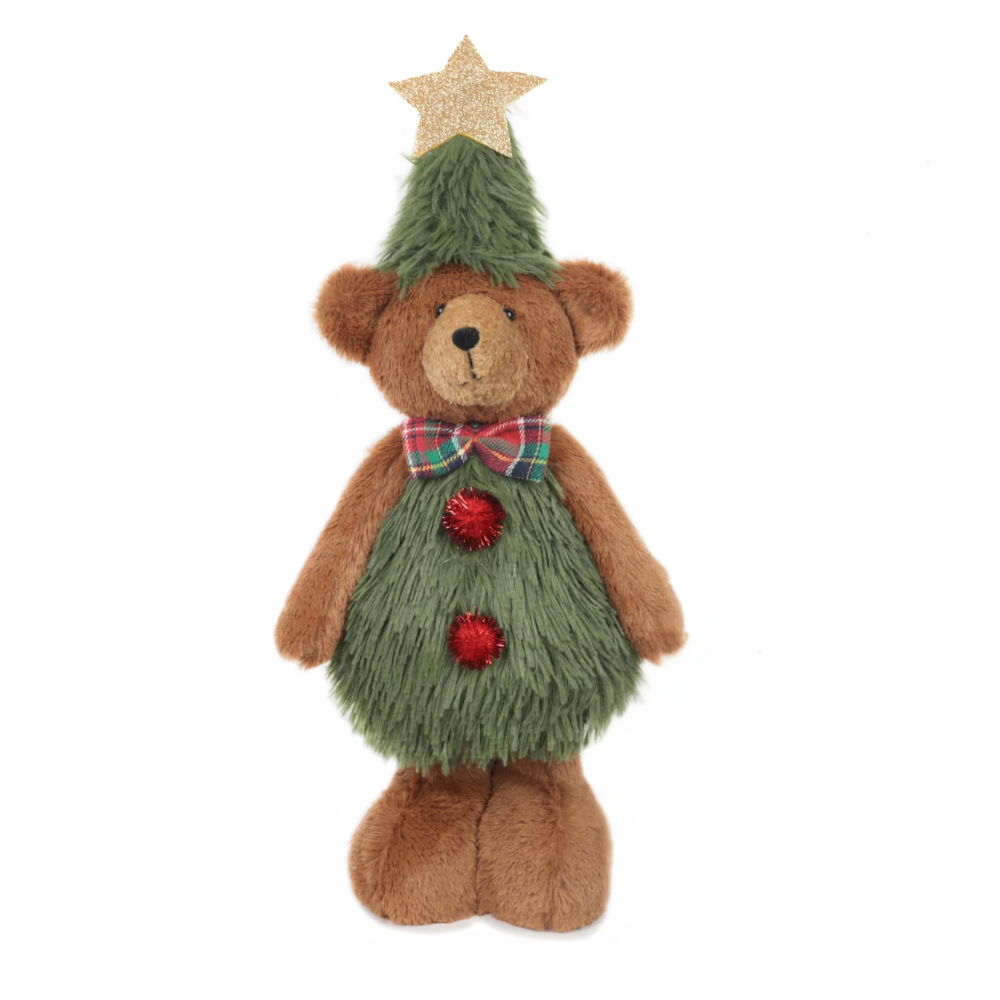Woodlodge large standing plush teddy bear dressed in a green Christmas tree suit with a gold star topper