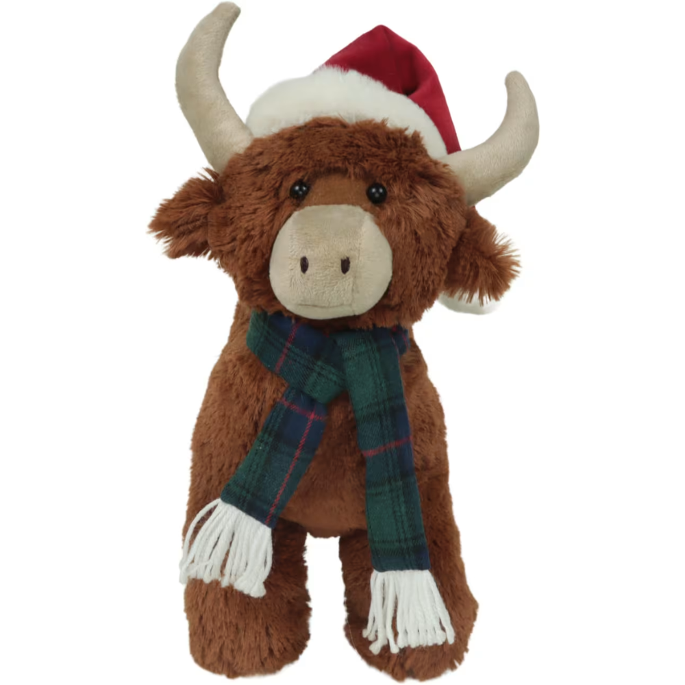Woodlodge large standing plush Highland cow wearing a red Santa hat and traditional tartan scarf