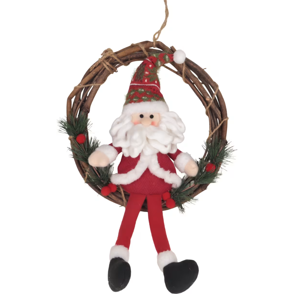Woodlodge natural twig wreath with a plush hanging Santa Claus, fair-isle hat, and artificial pine sprigs