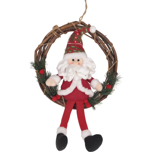 Woodlodge natural twig wreath with a plush hanging Santa Claus, fair-isle hat, and artificial pine sprigs