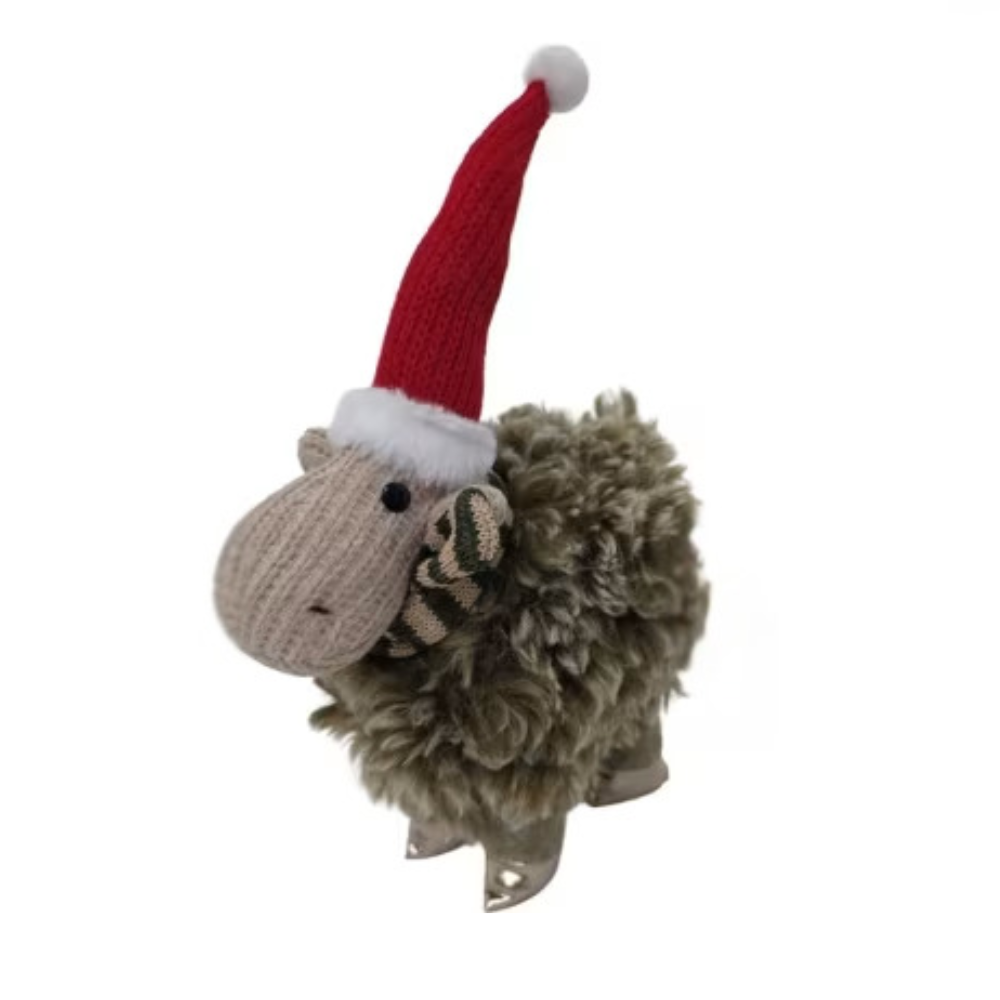 Woodlodge large black Silas sheep plush ornament wearing a red knitted Santa hat and striped scarf