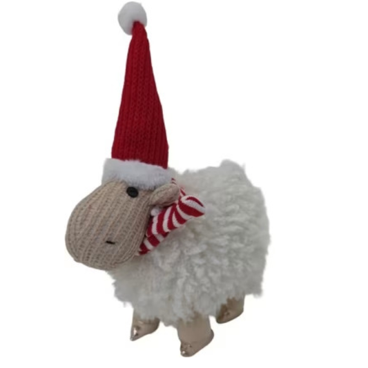 Woodlodge large white Stevie sheep plush ornament wearing a red knitted Santa hat and striped scarf