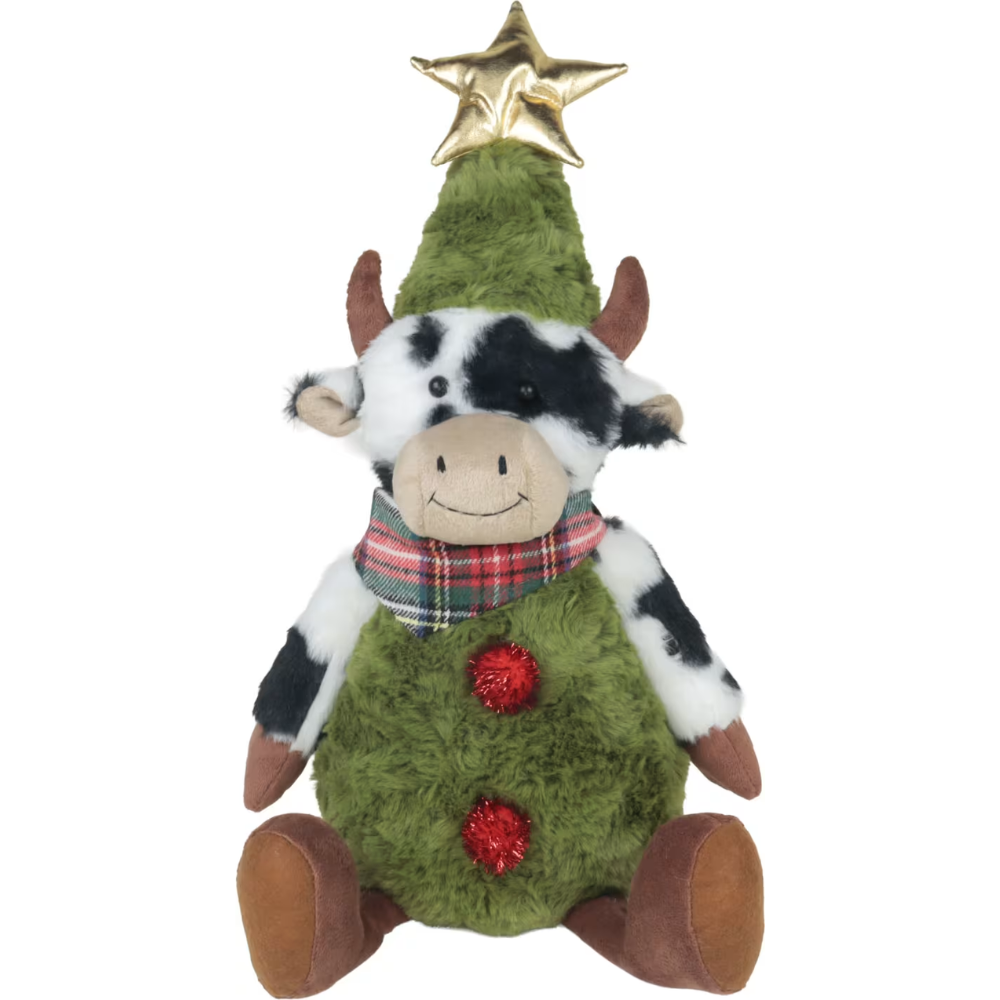 Woodlodge large sitting plush cow dressed in a green Christmas tree costume with a gold star topper