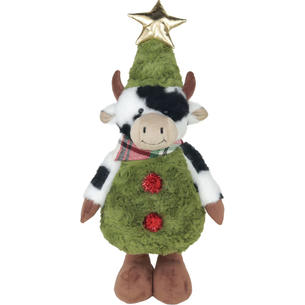 Woodlodge large standing plush cow dressed in a green Christmas tree suit with a gold star topper