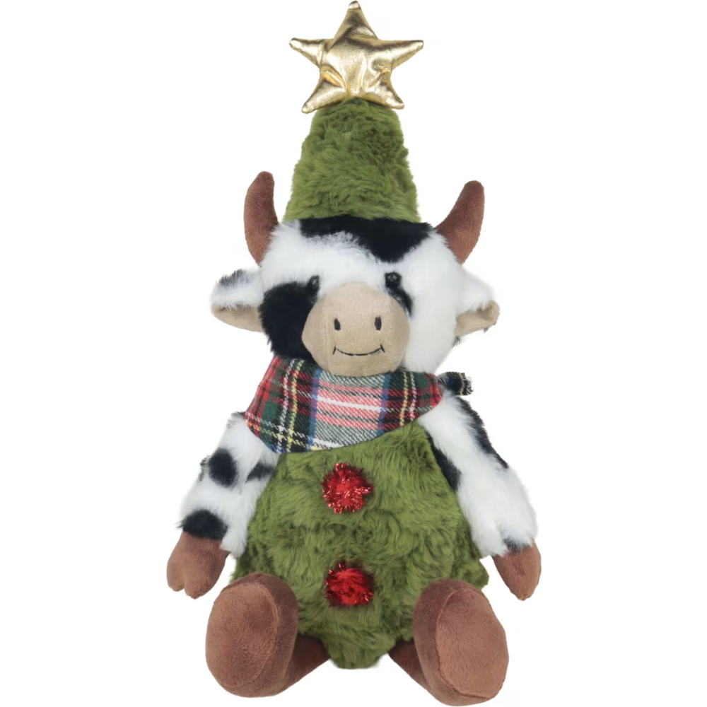 Woodlodge small sitting plush cow dressed in a green Christmas tree costume with a gold star topper