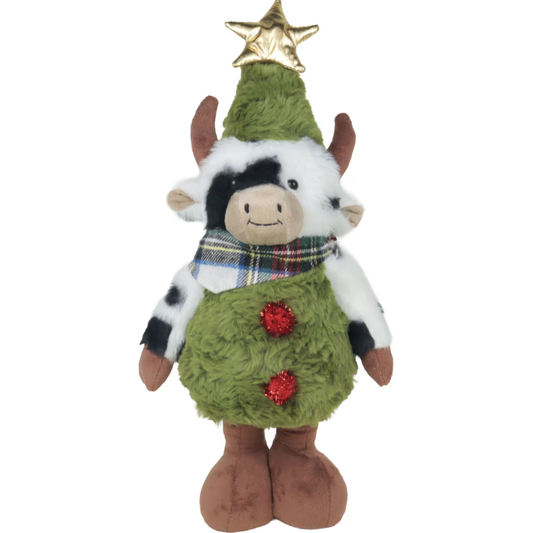 Woodlodge small standing plush cow dressed in a green Christmas tree suit with a gold star topper