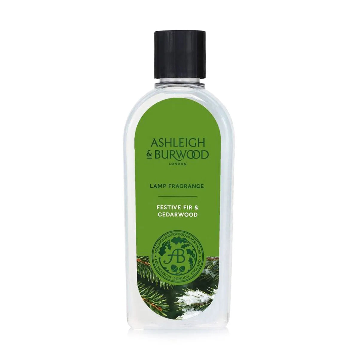 Ashleigh & Burwood Fir & Cedarwood lamp fragrance 500ml bottle with pine cones and evergreen branches
