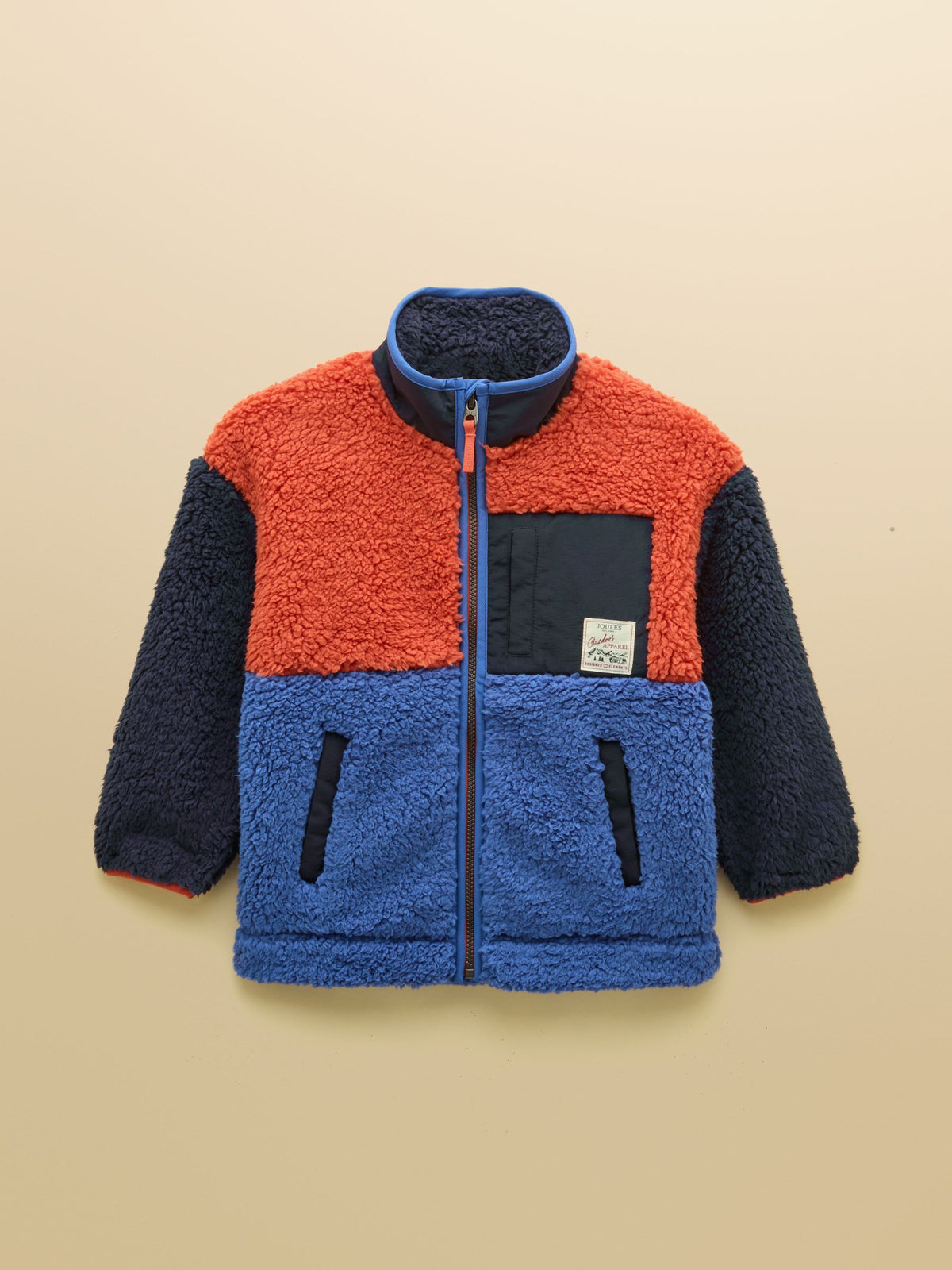 Joules Boys' Billy Borg Fleece Jacket in recycled polyester showing full front zip and stand-up collar
