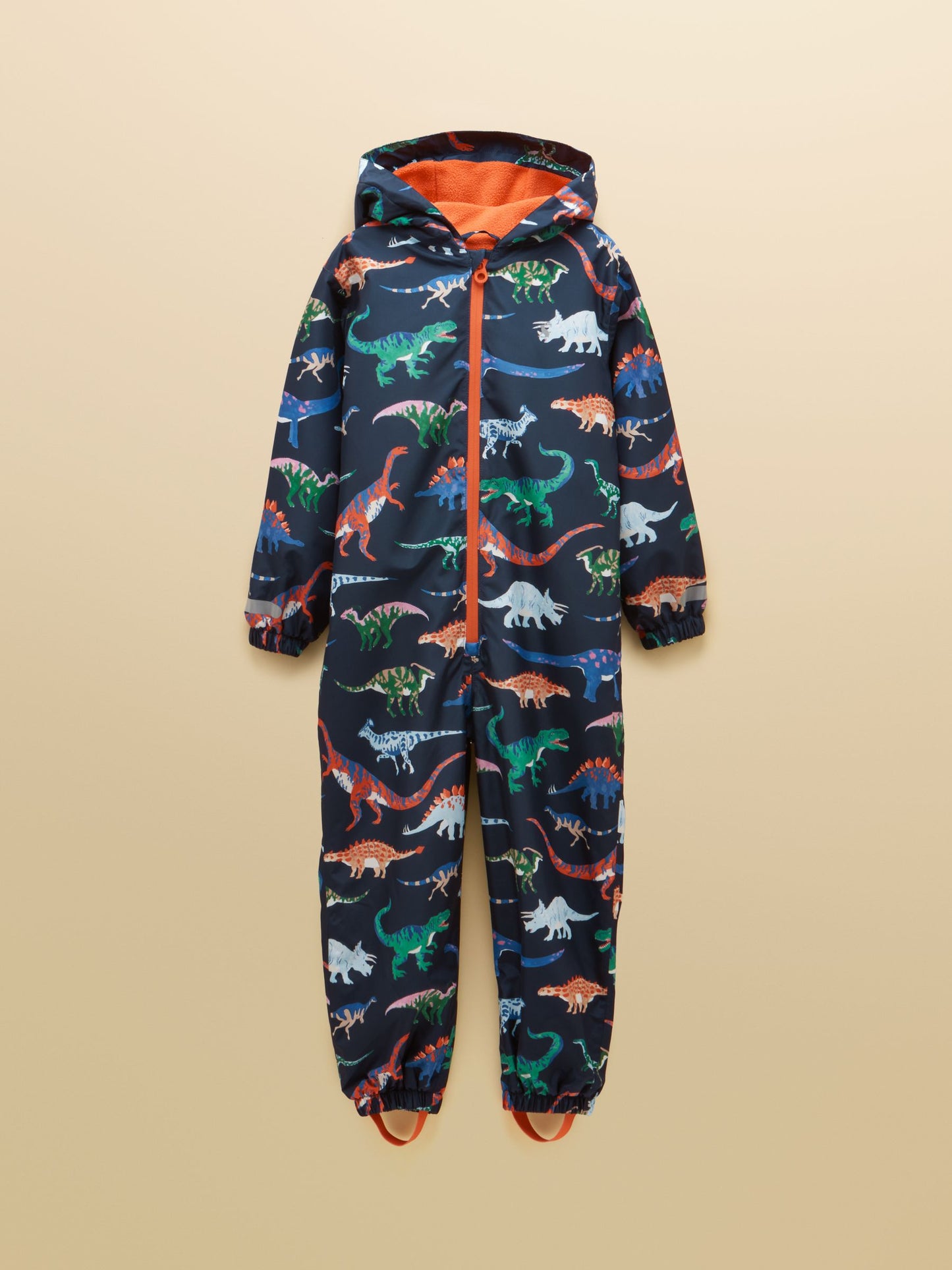 Joules Boys Raindrop Waterproof Packaway Puddlesuit in navy with a dino print featuring a cosy fleece lining and reflective branding.