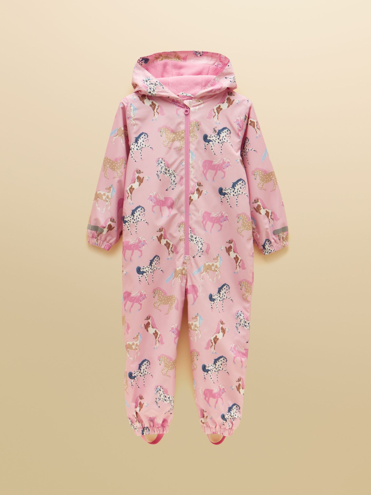 Joules Girls Raindrop Waterproof Packaway Puddlesuit featuring a warm fleece lining and reflective branding.