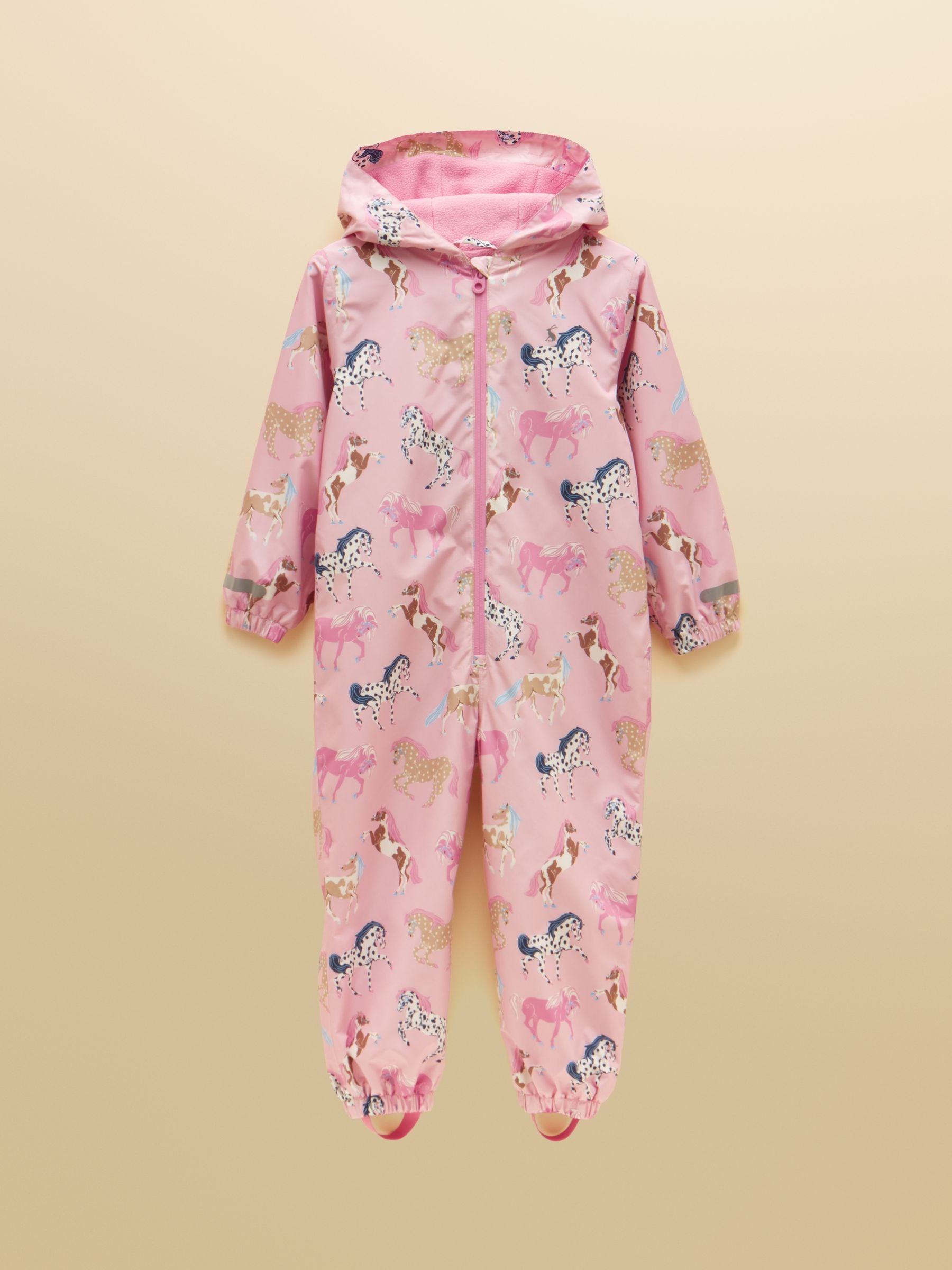 Joules Girls Raindrop Waterproof Packaway Puddlesuit featuring a warm fleece lining and reflective branding.