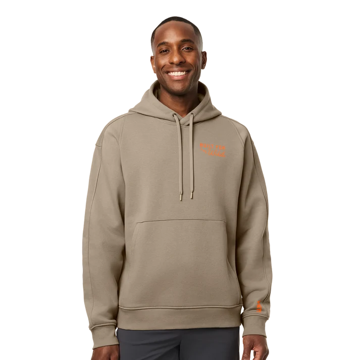 Front view of YETI Wild Pullover Fleece Hoodie in Cape Taupe with kangaroo pocket and drawstrings