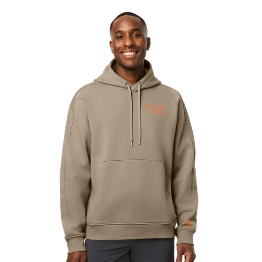 Front view of YETI Wild Pullover Fleece Hoodie in Cape Taupe with kangaroo pocket and drawstrings