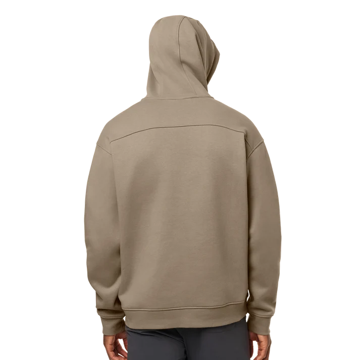 Back view of YETI Wild Pullover Fleece Hoodie in Cape Taupe with kangaroo pocket and drawstrings