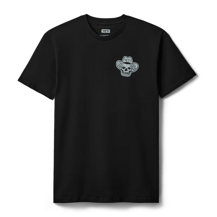 black YETI Cowboy Skull short sleeve t-shirt featuring the Ice Cold cowboy skull emblem on the left chest