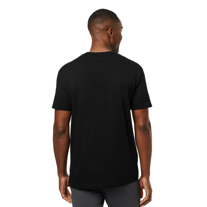 Men wearing YETI Full Logo Badge Short Sleeve T-Shirt in grey and black featuring front printed YETI badge logo