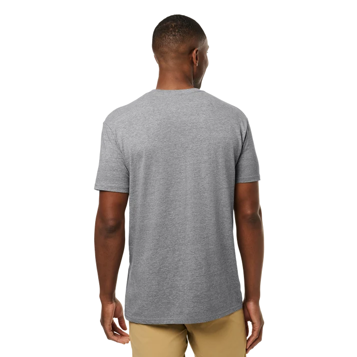 Men wearing YETI Full Logo Badge Short Sleeve T-Shirt in grey and black featuring front printed YETI badge logo