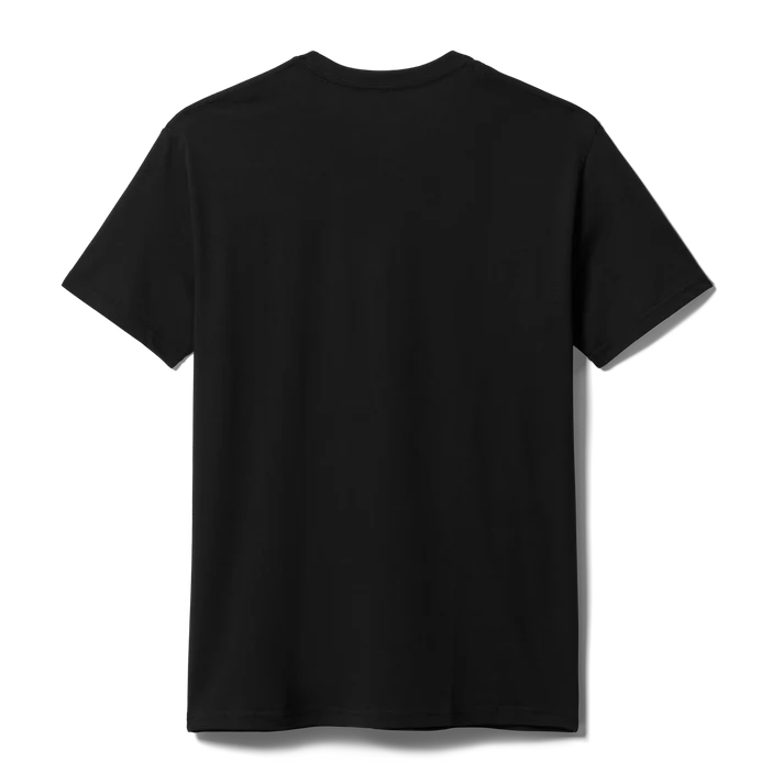 Men wearing YETI Full Logo Badge Short Sleeve T-Shirt in grey and black featuring front printed YETI badge logo
