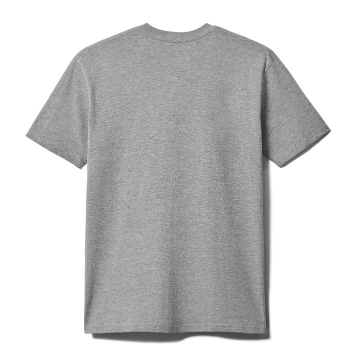 Men wearing YETI Full Logo Badge Short Sleeve T-Shirt in grey and black featuring front printed YETI badge logo