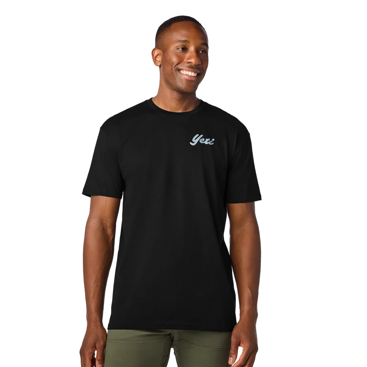 Back view of the black YETI High Country short sleeve t-shirt featuring a custom bison and pine forest graphic
