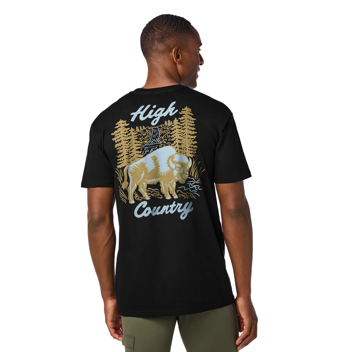 Back view of the black YETI High Country short sleeve t-shirt featuring a custom bison and pine forest graphic