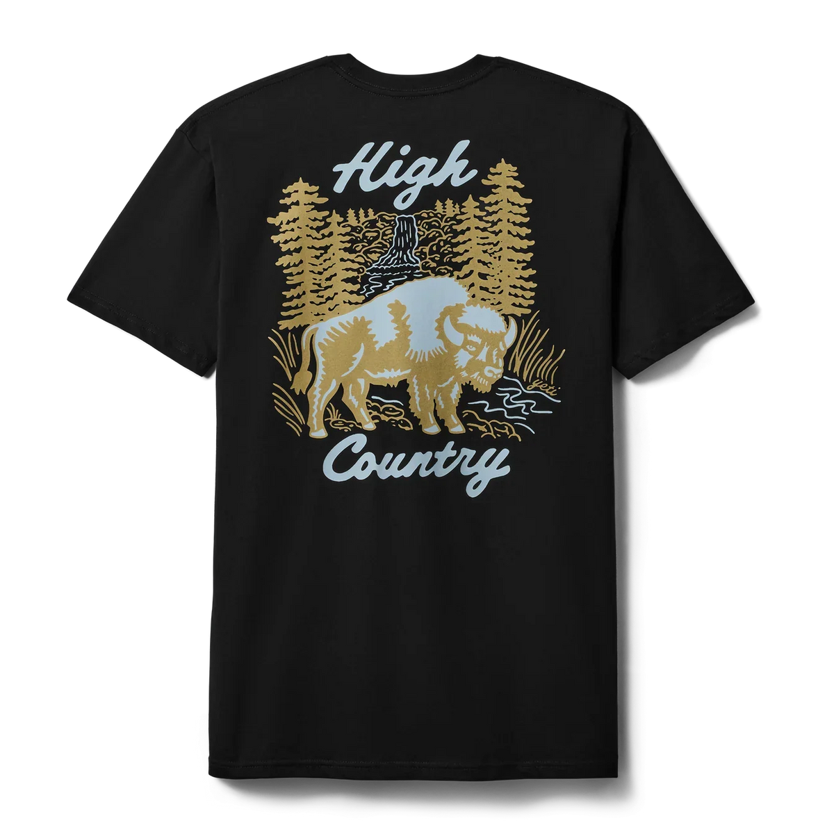 Back view of the black YETI High Country short sleeve t-shirt featuring a custom bison and pine forest graphic