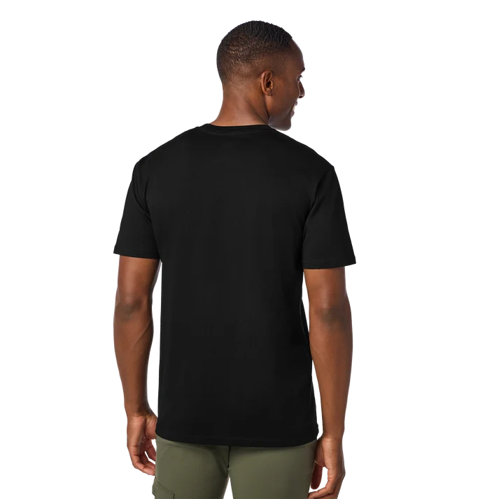 black YETI Horseshoe short sleeve t-shirt showing the white horseshoe graphic emblem on the left chest