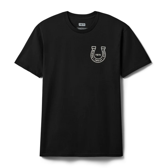 black YETI Horseshoe short sleeve t-shirt showing the white horseshoe graphic emblem on the left chest