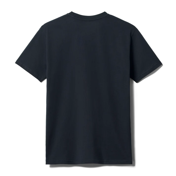 Front and back view of man wearing dark navy YETI short sleeve t-shirt with subtle left chest logo badge
