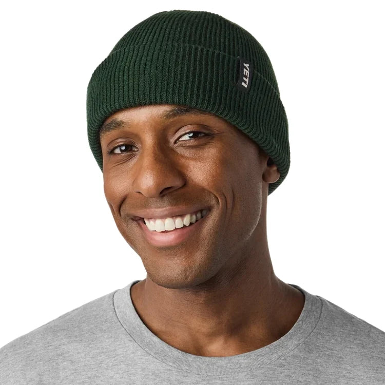 Yeti Logo Badge olive green rib knit beanie hat with fold-over cuff