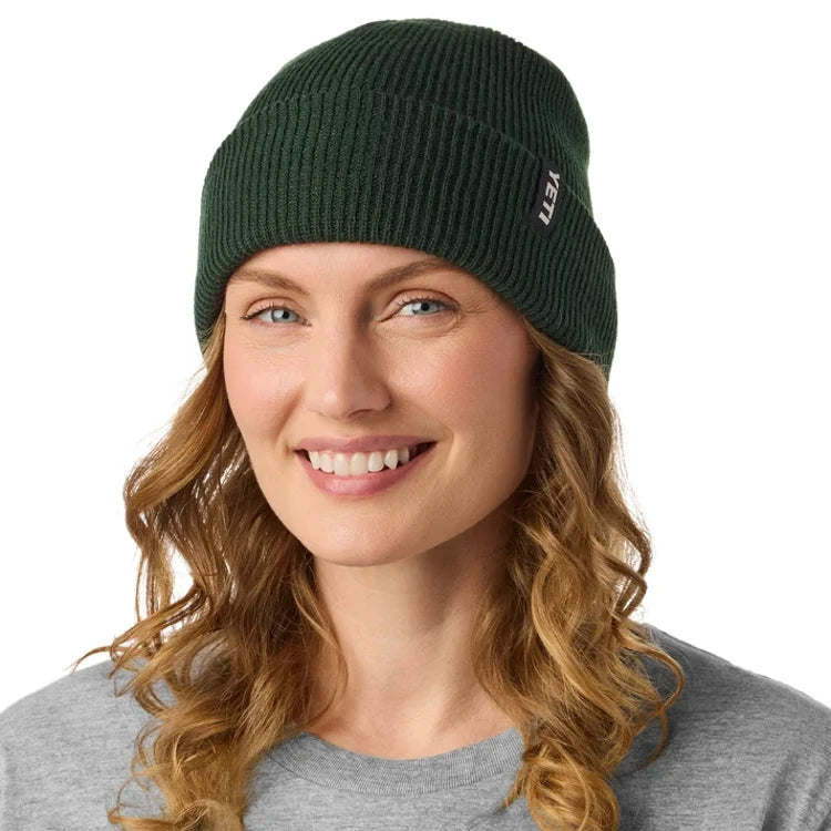 Yeti Logo Badge olive green rib knit beanie hat with fold-over cuff