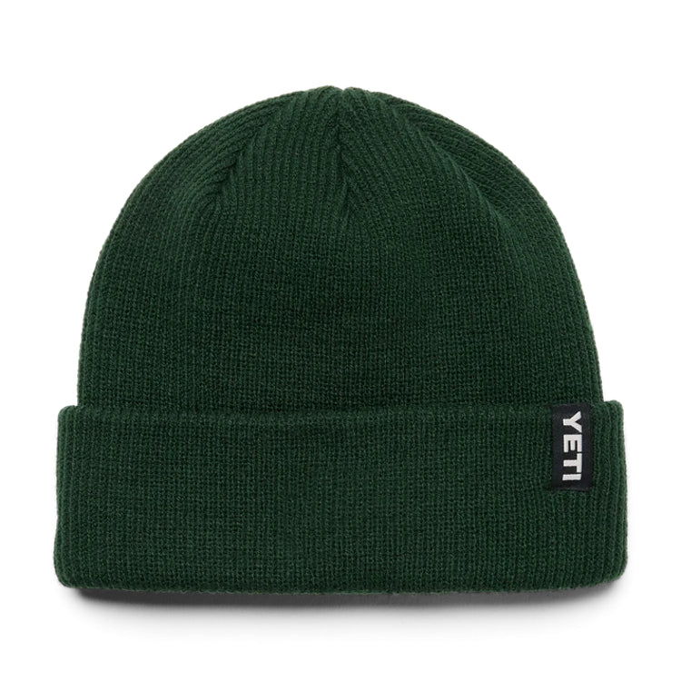 Yeti Logo Badge olive green rib knit beanie hat with fold-over cuff
