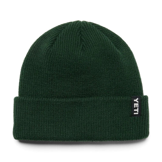 Yeti Logo Badge olive green rib knit beanie hat with fold-over cuff