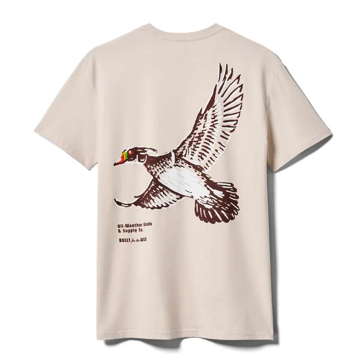 Front and back view of man wearing bone YETI Painted Duck Short Sleeve T-Shirt with flying waterfowl graphic