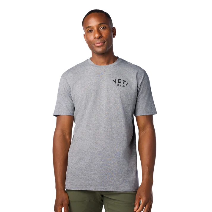 grey YETI Pigeon Emblem short sleeve t-shirt featuring the colourful Built For The Wild pigeon emblem back graphic print