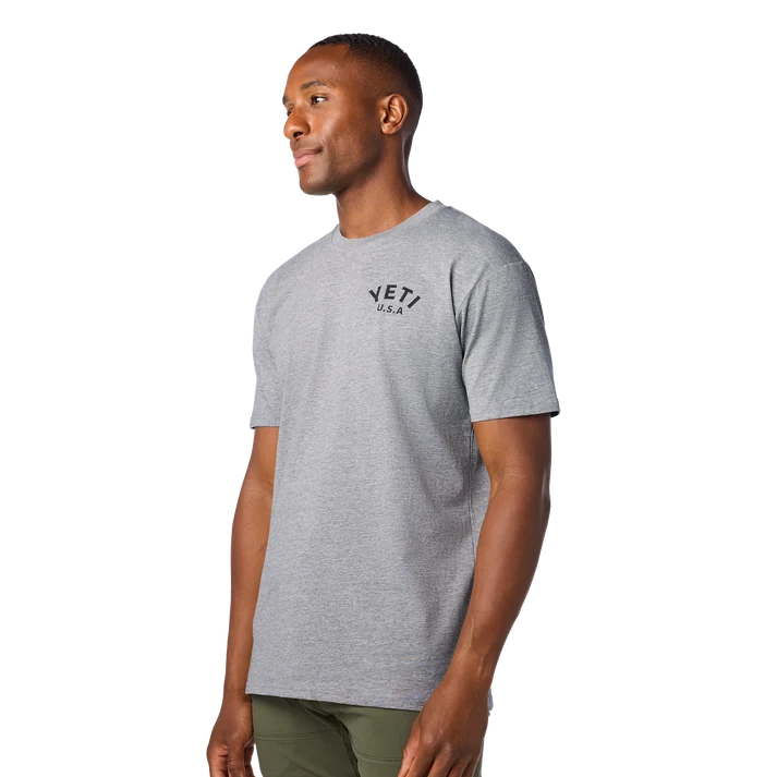 grey YETI Pigeon Emblem short sleeve t-shirt featuring the colourful Built For The Wild pigeon emblem back graphic print-3