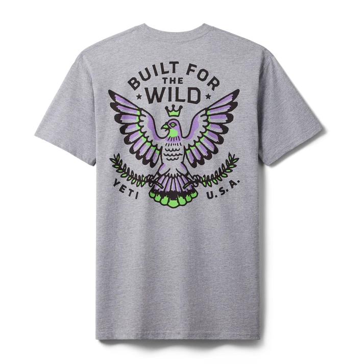 grey YETI Pigeon Emblem short sleeve t-shirt featuring the colourful Built For The Wild pigeon emblem back graphic print-2
