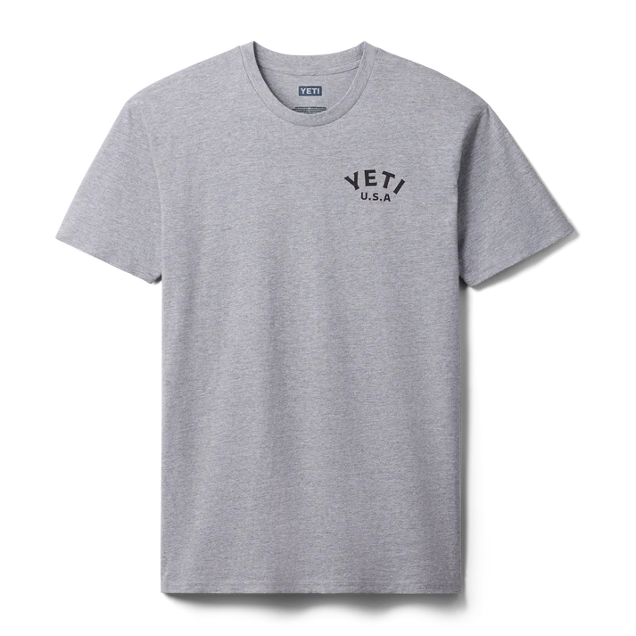 grey YETI Pigeon Emblem short sleeve t-shirt featuring the colourful Built For The Wild pigeon emblem back graphic print