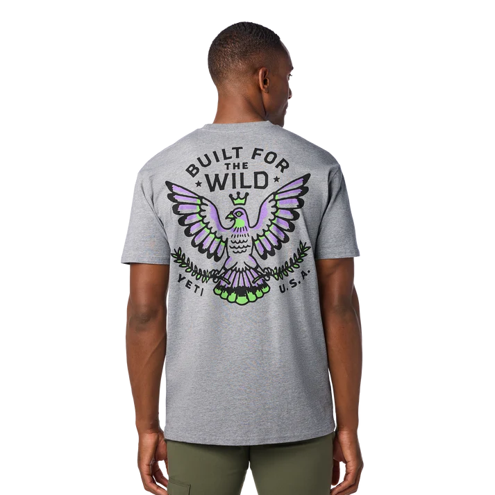 grey YETI Pigeon Emblem short sleeve t-shirt featuring the colourful Built For The Wild pigeon emblem back graphic print
