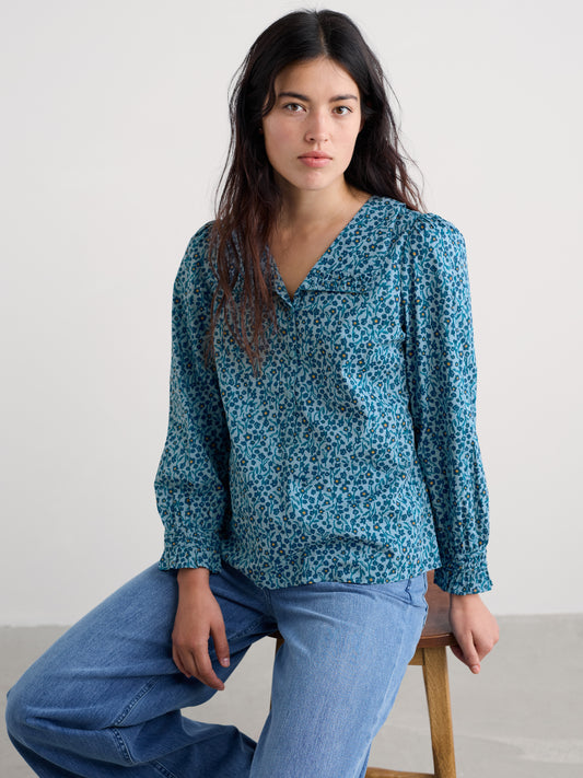 Seasalt Ysella V-Neck Collared Top in Flax Flower Horizon