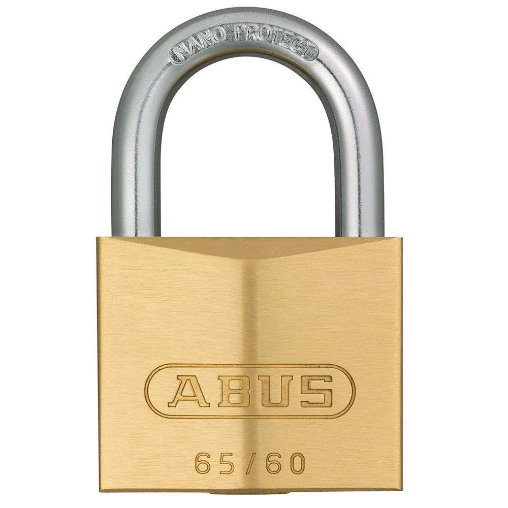 ABUS 65/60 solid brass 60mm keyed padlock showing hardened steel shackle and 503 key stamp