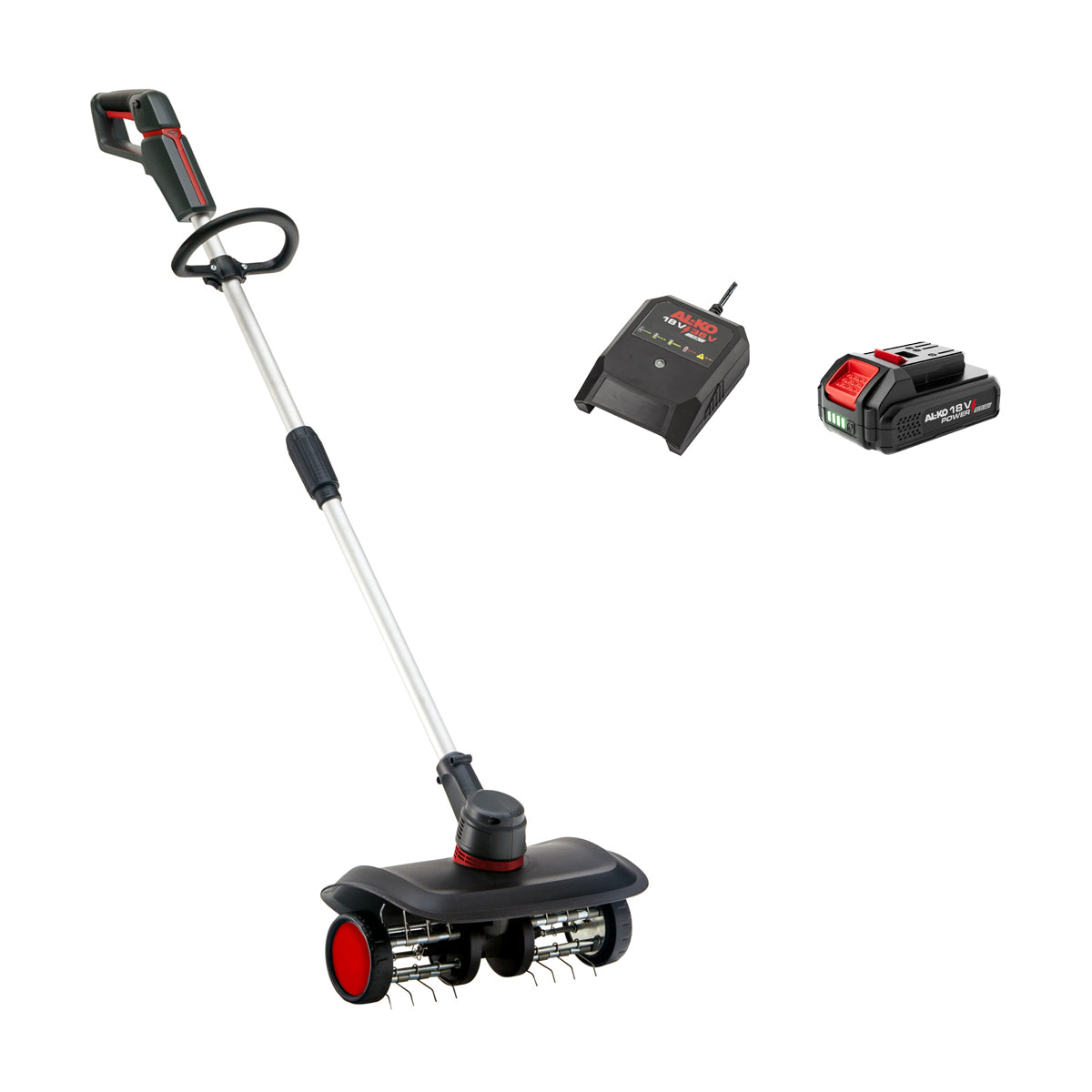 AL-KO Comfort ARD 1835 cordless lawn rake with steel tine roller, 18V battery, and charger.