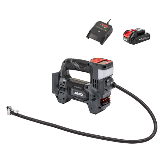 AL-KO Comfort ACD 1810 cordless air compressor with digital LCD display, 74cm hose, and 2x 18V battery kit.