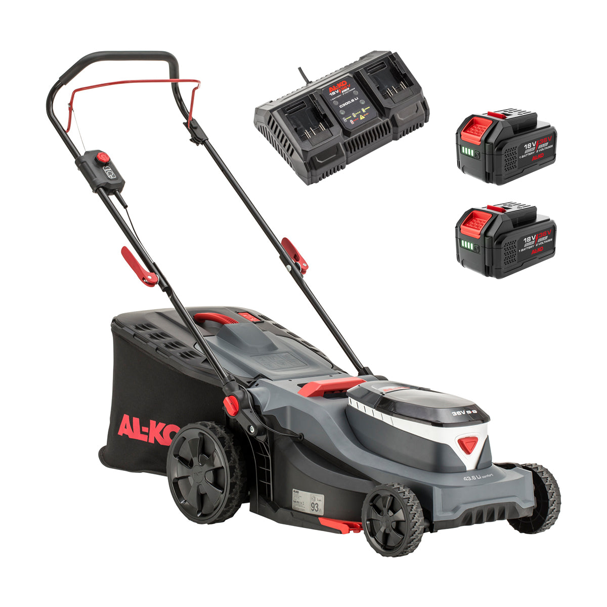 AL-KO Comfort 43.6 Li cordless lawnmower with 43cm cutting deck, 3-in-1 mowing functions and central height adjustment.