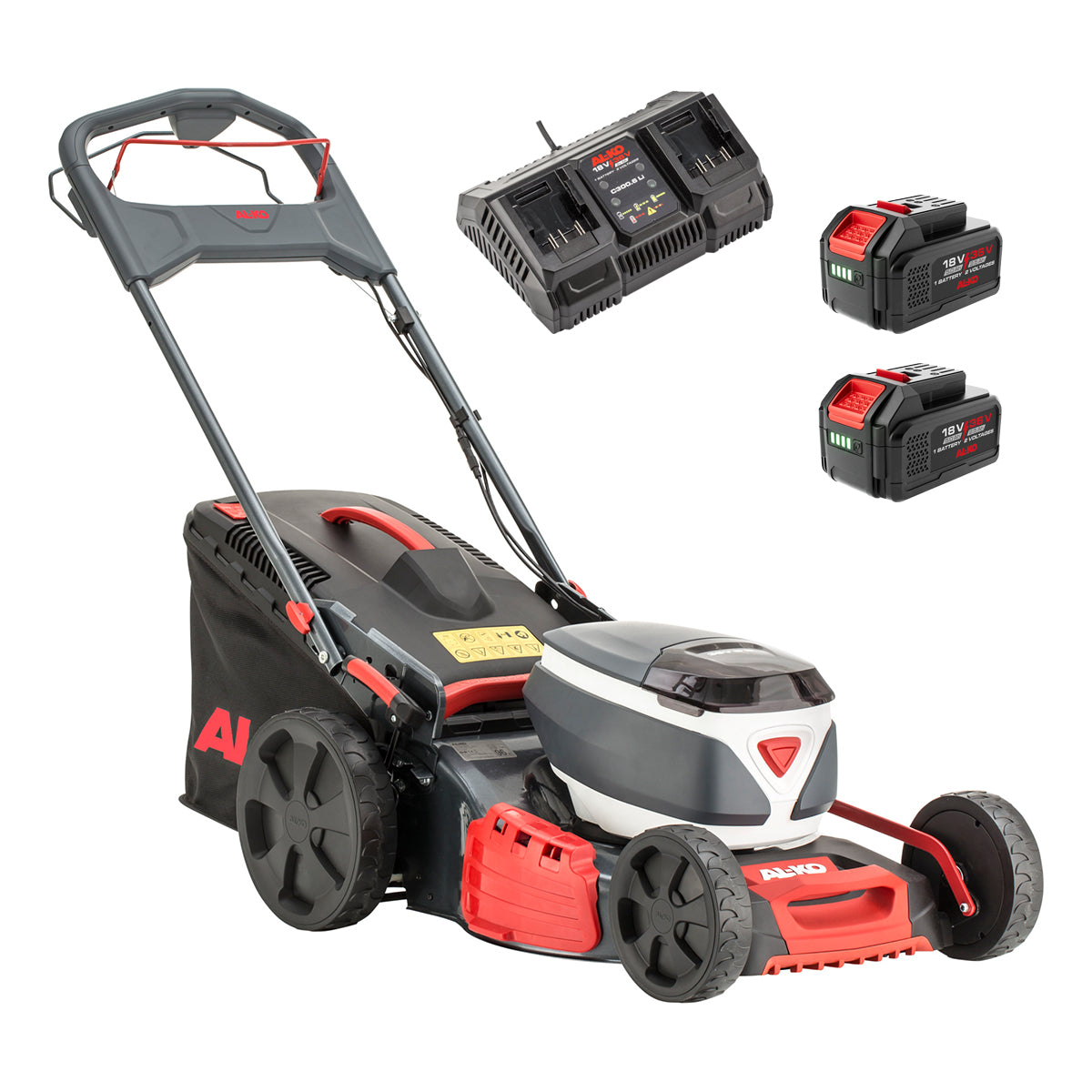 AL-KO Comfort 46.6 Li SP self-propelled cordless lawnmower with 43cm cutting deck, 3-in-1 function, and dual 18V battery kit.