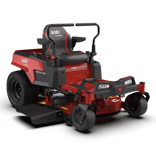 solo by AL-KO Comfort ZT 18-107.6 A petrol zero turn riding lawnmower featuring a red chassis, robust twin-cylinder engine, and dual steering levers.